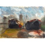 D RICHARDS (1953), Unframed Oil on Canvas, signed & dated, beached landing craft. 1 ft3ins x 1 ft