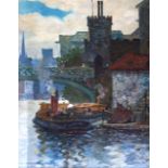 W.W. MACKINLAY (1910), Framed Oil on Board, signed, Townscape from the river with boats. 1ft 2ins