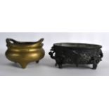 A 19TH CENTURY CHINESE TWIN HANDLED BRONZE CENSER bearing Xuande marks to base, together with a