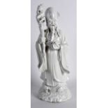 A 19TH CENTURY CHINESE BLANC DE CHINE FIGURE OF SAGE modelled holding a peach and staff. 11.5ins