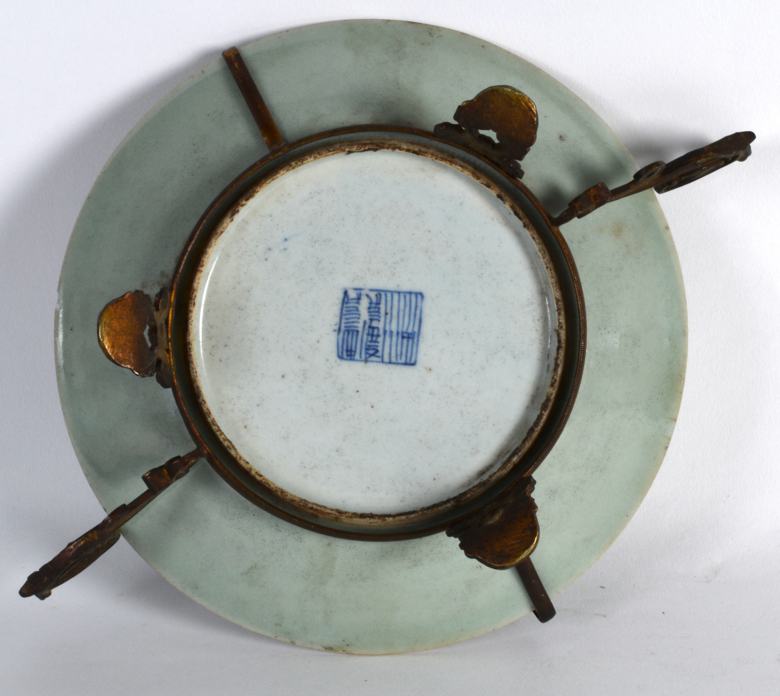 A 19TH CENTURY CHINESE CANTON CELADON FAMILLE ROSE DISH with French mounts, painted with butterflies - Image 3 of 3