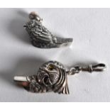 TWO NOVELTY SILVER BIRD WHISTLES. (2)