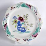 18TH C. BOW EARLY FAMILLE ROSE OCTAGONAL PLATE with rocks and flowers. 8.25" diameter.