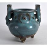 A SMALL CHINESE QING DYNASTY JUNYAO GLAZED CENSER with rectangular loop handles and purple splash