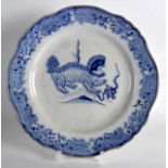 AN UNUSUAL 18TH CENTURY CHINESE BLUE AND WHITE PLATE Qianlong, painted with a single buddhistic