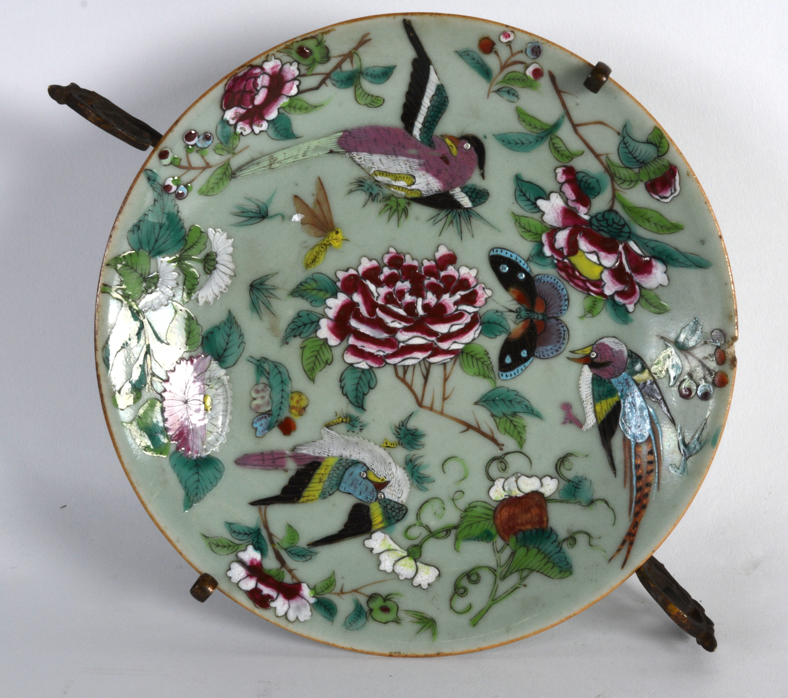 A 19TH CENTURY CHINESE CANTON CELADON FAMILLE ROSE DISH with French mounts, painted with butterflies - Image 2 of 3