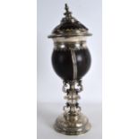 A GOOD SILVER ROCK CRYSTAL AND CARVED COCONUT CUP & COVER with 18th Century elements, the silver