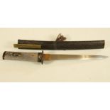 A JAPANESE TANTO, late Edo period, with 9" hira blade, undulating hamon, unsigned tang, iron