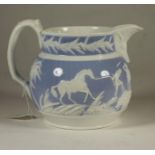 A STAFFORDSHIRE PORCELANEOUS JUG, c.1830, of low Dutch form, the lavender ground moulded and applied