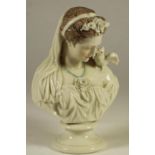 A VICTORIAN TINTED AND GLAZED PARIAN BUST, of a bride wearing flowers in her brown hair, band and