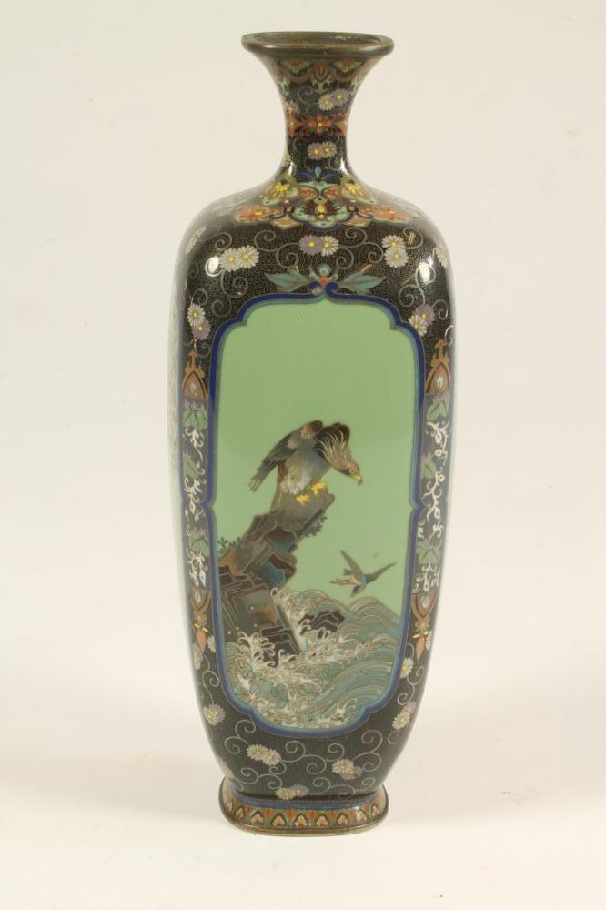 A JAPANESE CLOISONNE ENAMEL VASE, Meiji period, of rounded square section, with four drab green