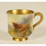 A ROYAL WORCESTER CHINA COFFEE CUP, 1917, of slightly flared cylindrical form on a low flared