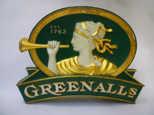 A Greenall's Brewery Sign, double sided, painted fibreglass, 24 1/2" x 18"