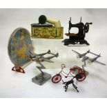 A Bing tinplate toy gramophone, clockwork operated, with 5 1/4" record, 8 1/2" wide, box AF, a toy