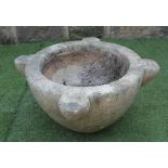 A LARGE WHITE MARBLE MORTAR with four lugs, 25" x 12 1/2"