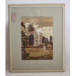 S CHAPMAN (20th Century), Fountains Hall, watercolour and pen, signed, artist's label verso, 14 1/4"