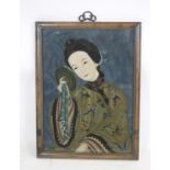 A CHINESE REVERSE PAINTING ON GLASS, painted in sombre colours with the half length portrait of a