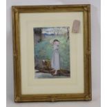 HOWARD HELMICK (American 1845-1907), The Goose Girl, gouache, 8" x 11", gilt frame