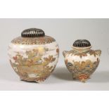 A SATSUMA EARTHENWARE POT POURRI, Meiji period, of ovoid form raised upon three bracket feet,