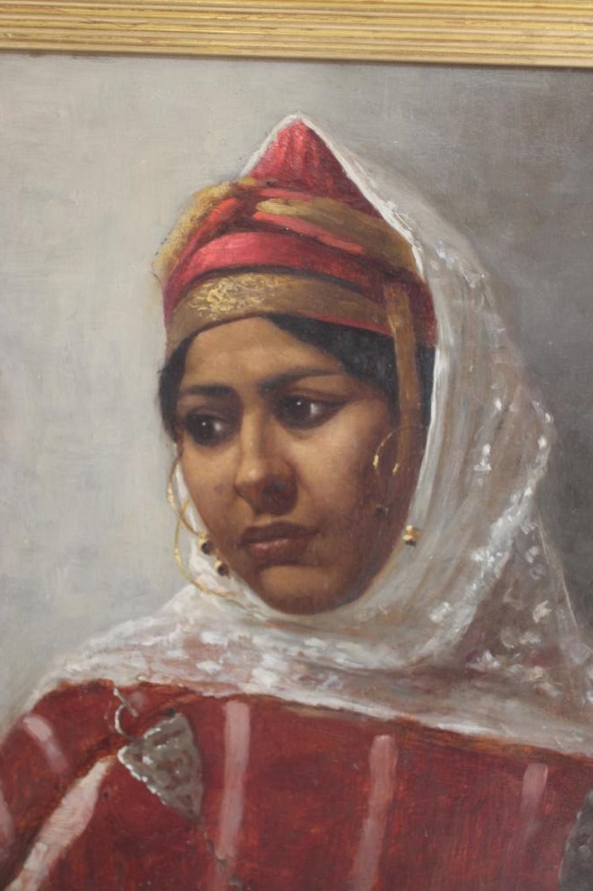 P. VOISIN (19th Century), "Contemplation, an Algerian Beauty", oil on panel, signed, 12 3/4" x 9 1/ - Bild 2 aus 4