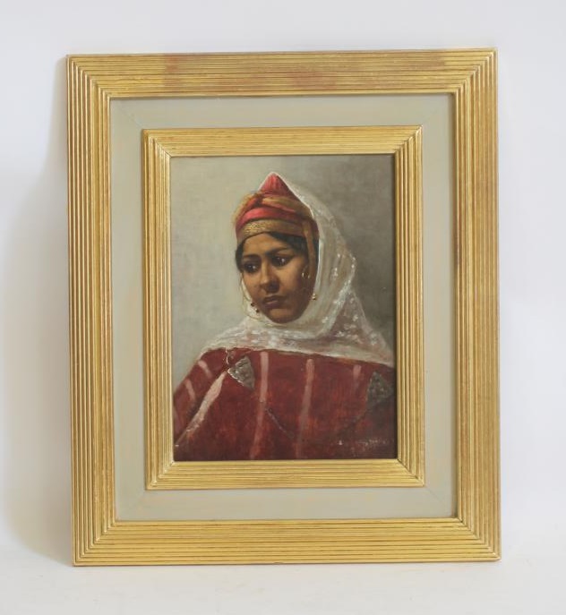P. VOISIN (19th Century), "Contemplation, an Algerian Beauty", oil on panel, signed, 12 3/4" x 9 1/