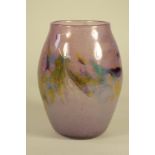 A MONART GLASS VASE of bombe cylindrical form, in mottled pink with a yellow, purple and green