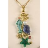 AN ITALIAN TAGLIAMONTE 18KT GOLD AND GEM STONE PENDANT, from the "Marina Collection", the seaweed