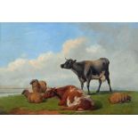 THOMAS SIDNEY COOPER (1803-1905), Sheep and Cattle Resting, oil on canvas, signed, 8 3/4" x 12 1/4",