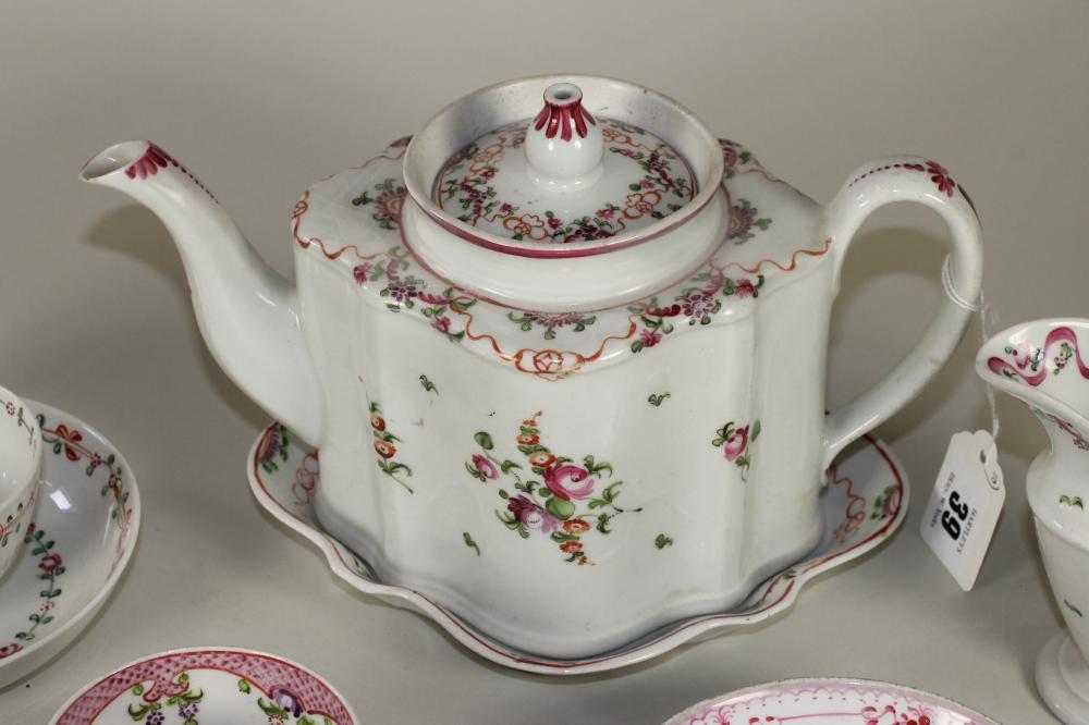 A NEWHALL PORCELAIN SILVER SHAPED TEAPOT, COVER AND STAND, c.1795, painted in polychrome enamels - Image 3 of 4