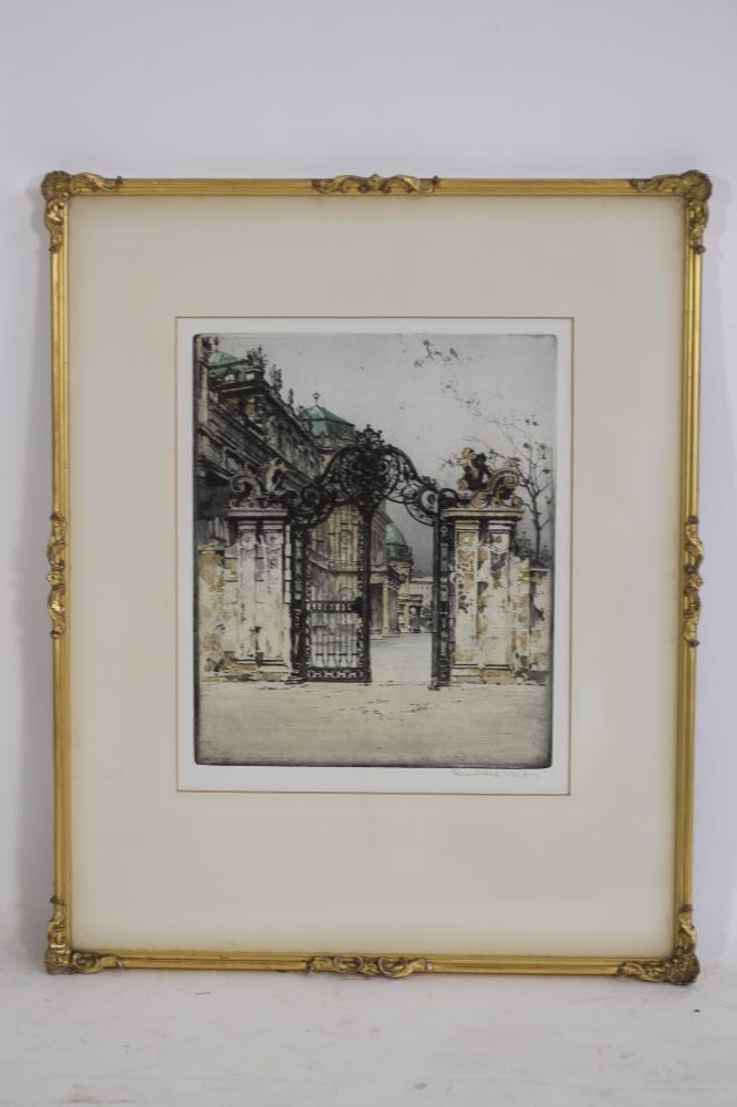 RUDOLF VEIT (1892-1979), Architectural Study of Entrance Gates, coloured etching, signed in - Bild 2 aus 7