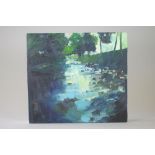 EMERSON MAYES (b. 1972), "Cool River", signed, artist label verso, oil on board, 11" x 12",