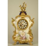 A FRENCH EARTHENWARE ROCOCO STYLE MANTEL CLOCK, late 19th century, the single barrel movement by