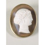 AN EARLY VICTORIAN POLISHED AGATE CAMEO, the white striated opalescent buff stone carved in high