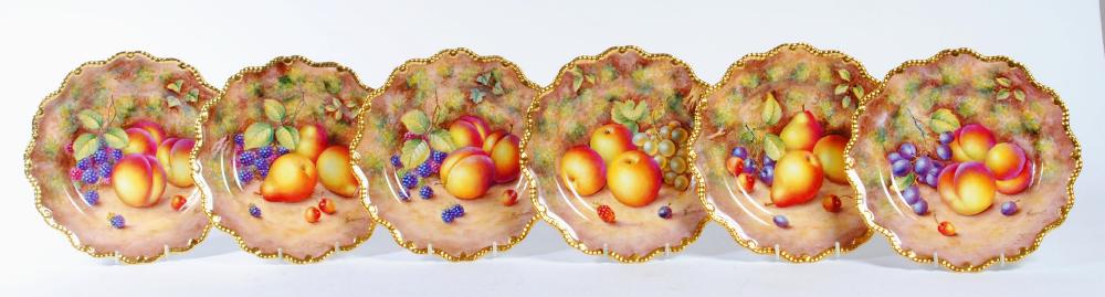 A SET OF SIX ROYAL WORCESTER CHINA DESSERT PLATES, c.1960's, of shaped circular form with gadroon