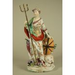 A LARGE DERBY PORCELAIN FIGURE OF BRITANNIA, c.1770, wearing a helmet, gilt breastplate, flower