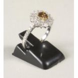 A DIAMOND CLUSTER RING, the central brilliant cut brown stone of approximately 0.5cts claw set to