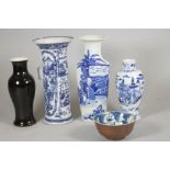 A COLLECTION OF CHINESE PORCELAIN, various dates, comprising a blue and white sleeve vase, 10" high,