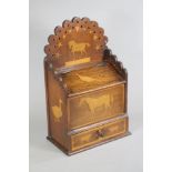 A VICTORIAN OAK CANDLE BOX of oblong form inlaid in fruitwood with birds and animals, the arched