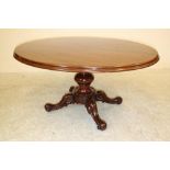 A VICTORIAN MAHOGANY LOO TABLE, the moulded edged top on lotus carved baluster stem, scroll carved