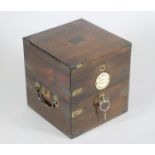 A LATE VICTORIAN BRASS BOUND MAHOGANY SHIP'S COMPASS CASE of typical cube form, with inlaid brass