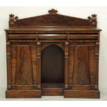 A WILLIAM IV MAHOGANY SMALL SIDEBOARD, the pedimented back with scroll and leaf surmounts and