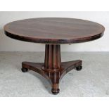 A ROSEWOOD BREAKFAST TABLE, early to mid 19th century, the banded circular top having plain frieze