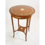 AN EDWARDIAN PAINTED SATINWOOD OCCASIONAL TABLE of circular form crossbanded with stringing, the top