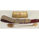 A VICTORIAN 9TH QUEEN'S LANCER OFFICER'S CARTOUCHE POUCH AND BELT, c.1850, the red morocco lined