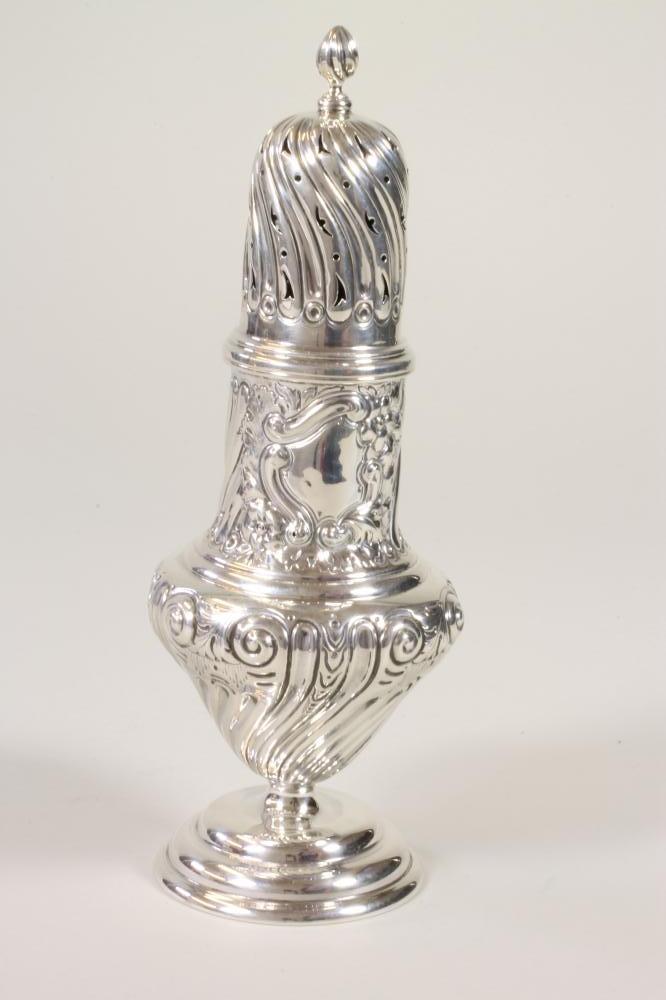 A LATE VICTORIAN SILVER SUGAR CASTOR, maker possibly T Hayes, Birmingham 1891, of wrythen fluted