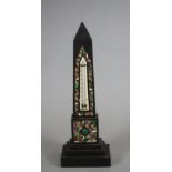 A VICTORIAN ASHFORD MARBLE OBELISK THERMOMETER, the black marble stand inlaid in shaped and polished