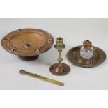 A VICTORIAN GOTHIC REVIVAL MATCHED FOUR PIECE DESK SET in copper and brass, comprising dished