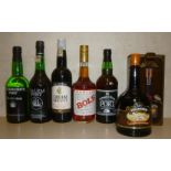 One bottle KWV Van Der Hum Liqueur, boxed, one bottle Bols Apricot Brandy, one bottle Calem Port,