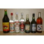 Three various bottles Vodka, one old bottle Pastis 51 Pernod, one bottle Dows Dry White Port, one