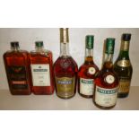 One litre Martell V.S. Cognac, two bottles and one litre Three Barrels V.S.O.P. Brandy, one bottle